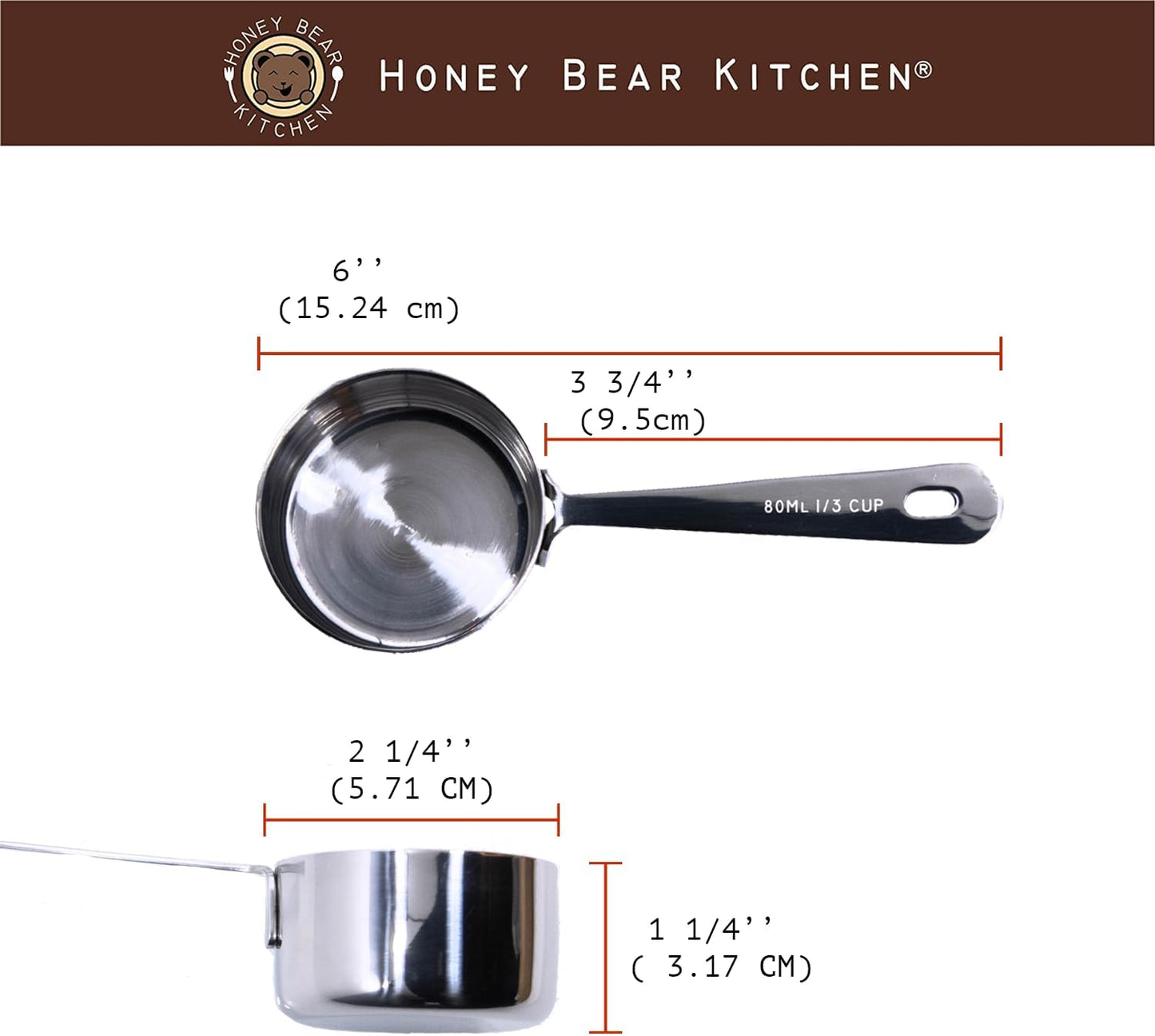 Honey Bear Kitchen 1/3 Cup 80 ml Leave-in Measuring Scoop Cups, Polished Stainless Steel (Set of 2)