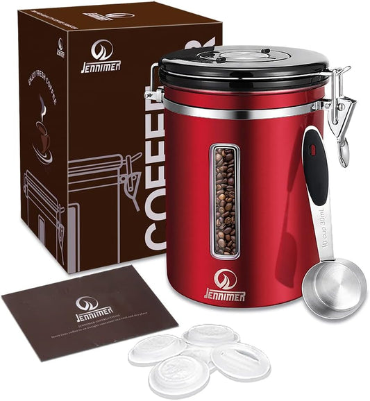 Coffee Canister - Large, Stainless Steel Airtight Coffee Containers with Transparent Window,Date Tracker, CO2-Release Valve and Measuring Scoop for Freshness of Storage Coffee (Red)