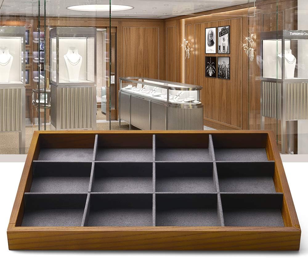 Oirlv 12 Grids Wood Jewelry Organizer Tray Stackable Jewelry Drawer Tray Bracelet/Watch Showcase Display Storage(Grey)