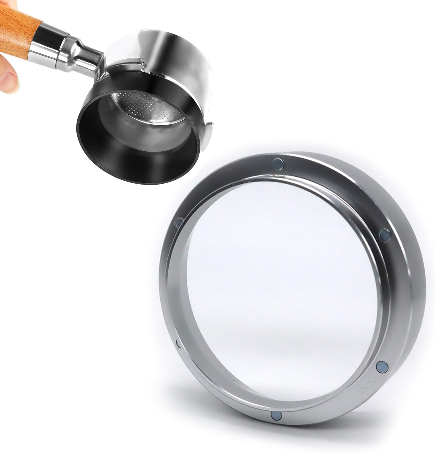 1pc Espresso Dosing Funnel 51/53/58mm Coffee Dosing Ring Aluminum Espresso Distribution Coffee Tool for Home Coffee Bar Shop College Dorm Room Apartment Essential Coffee Accessories (58mm, Silvery)