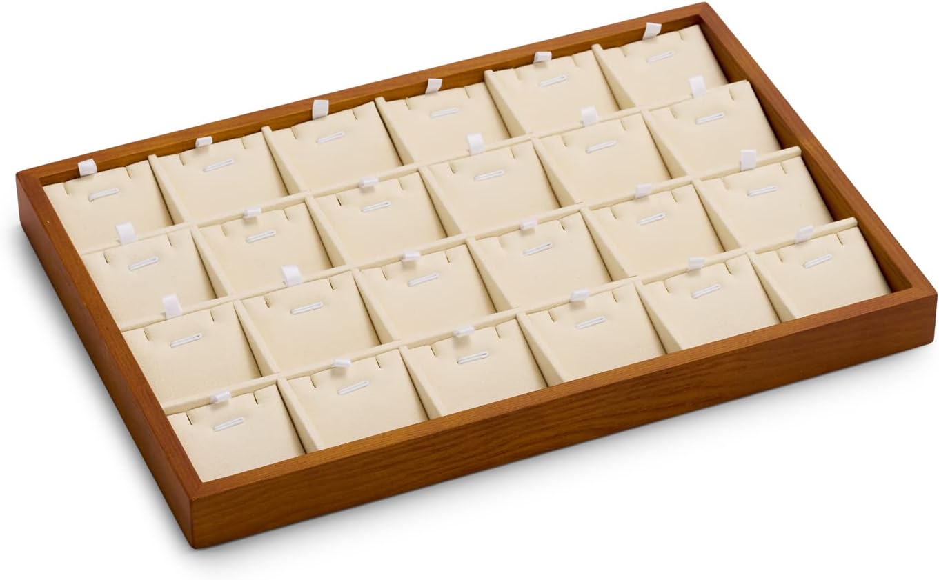 Oirlv Wood 24 Grids Jewelry Tray with Removable Inserts Jewelry Pads Necklace/Pendant Display Organizer Tray(Creamy-white)