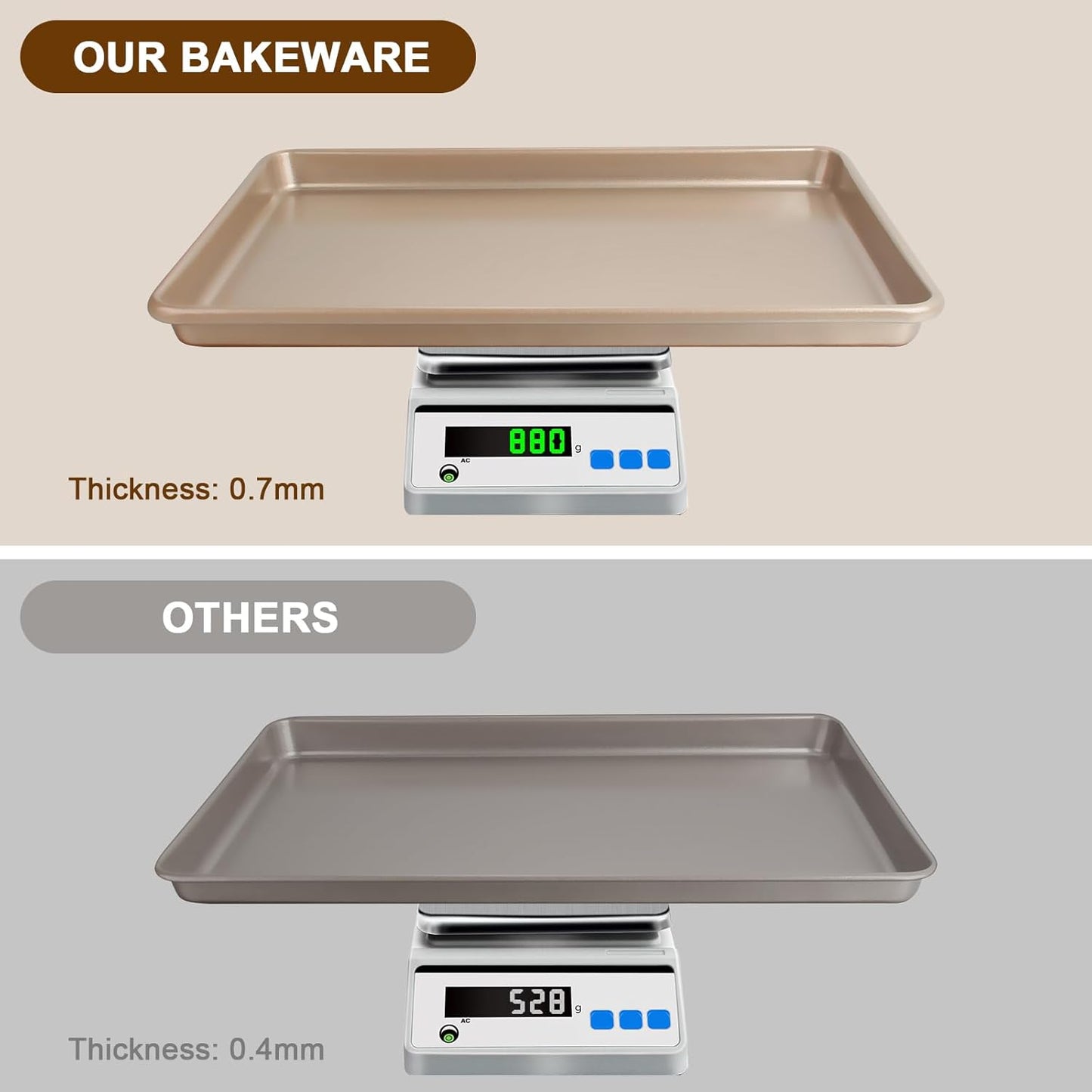 Baking Sheet Pan Set of 3, Commercial Cookie Sheets for Baking, Nonstick Half/Quarter/Jelly Roll Pans Replacement Toaster Oven Tray, Heavy Duty & Easy Clean, Champagne Gold