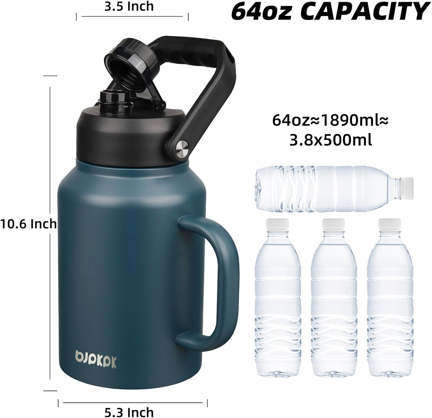BJPKPK 64oz Insulated Water Bottle with Handle, Large Dishwasher Safe Half Gallon Water Bottle, BPA Free Water Jug, Wide Mouth Metal Water Bottle with Anti-slip Bottom, Keep Cold & Hot, Navy Blue
