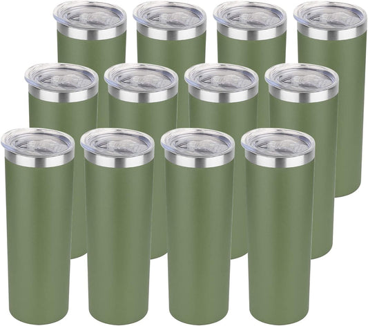 HASLE OUTFITTERS 20 oz Skinny Tumblers Bulk Set, Stainless Steel Insulated Slim Tumblers with Lids, Reusable Double Wall Travel Coffee Mugs, Durable Powder Coated Travel Water Cups(Army Green, 12)
