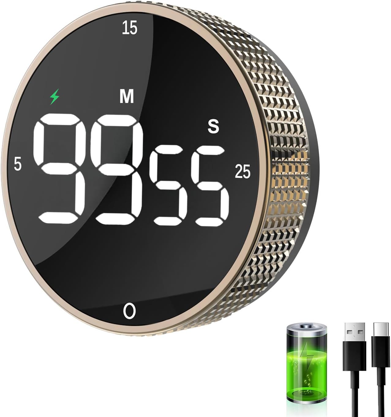 Rechargeable Magnetic Kitchen Timer-Loud Alarm Visual Productivity Timer&Pomodoro Timer with Large LED Display,3 Presets(5/15/25min),3 Volume Levels. Ideal for Cooking, Fitness&Office Use(BN)