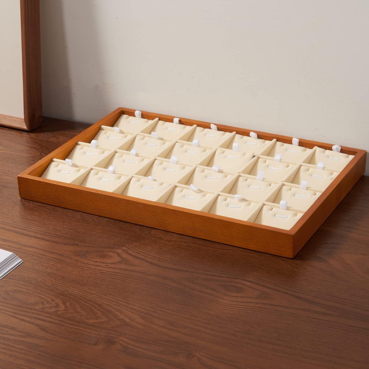 Oirlv Wood 24 Grids Jewelry Tray with Removable Inserts Jewelry Pads Necklace/Pendant Display Organizer Tray(Creamy-white)