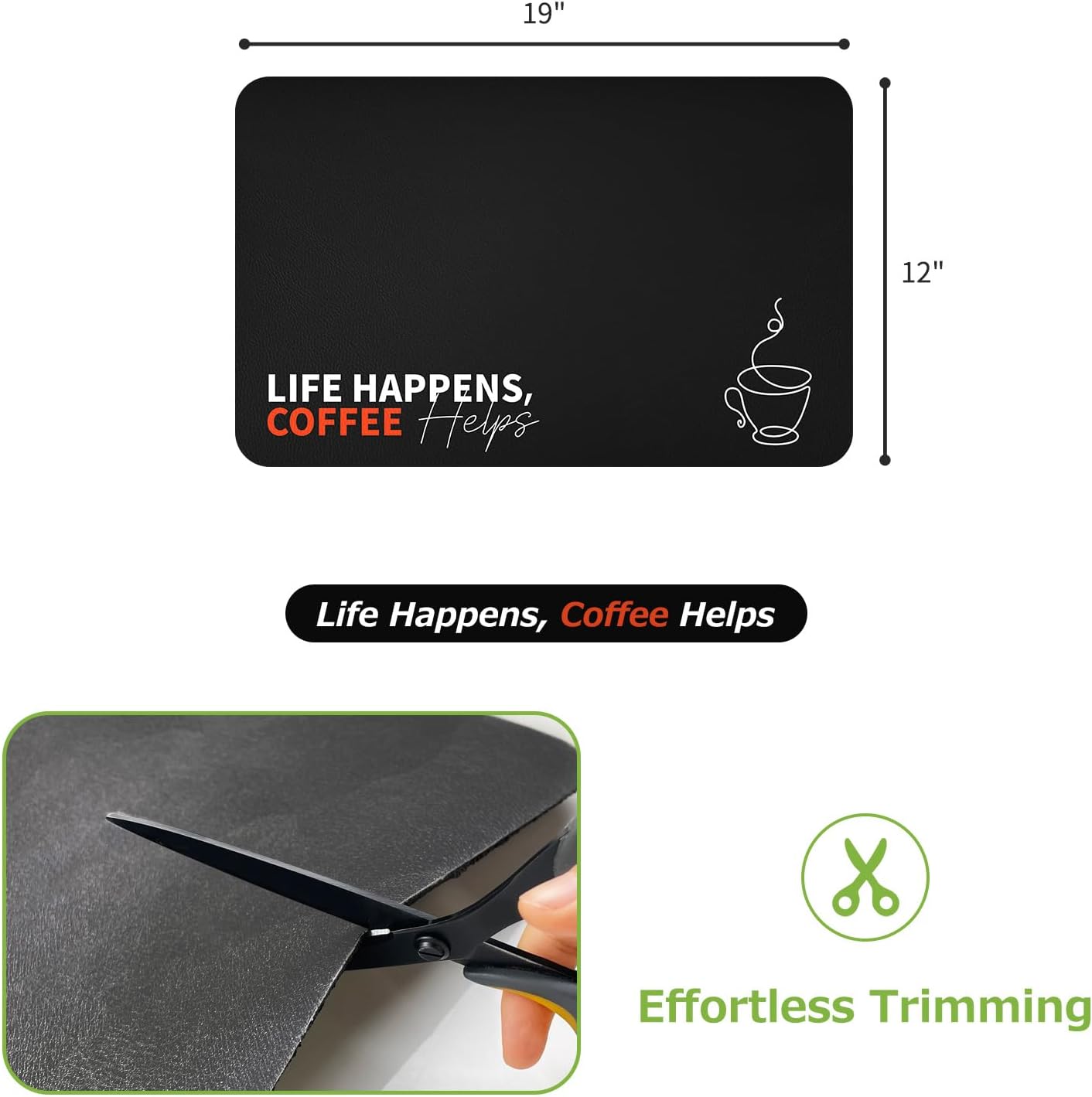 Matace Designer Coffee Bar Mat, Small 12 x 19 Inches, Rubber Backing, Absorbent Coffee Maker Mats for Dish Drying, Kitchen Countertop, Life Happens Coffee Helps, Black