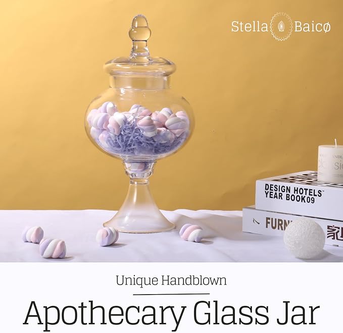 Stella Baic Hand-Blown Glass Apothecary Jar with Lid, Minimalist Style, Decorative Jar, Clear Glass Candy Jar, Height: 12.6", Diameter: 6.5