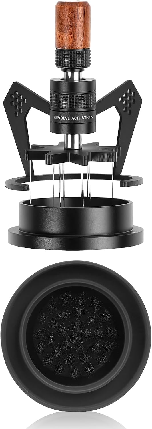 IKAPE Mantis WDT Distribution Tool with Clean Brush, 51mm Espresso Stirrer Distribution Tool for Barista - 8 Needle Espresso Stirrer with Dosing Funnel & Stand, Adjustable Needle Height, Walnut Handle