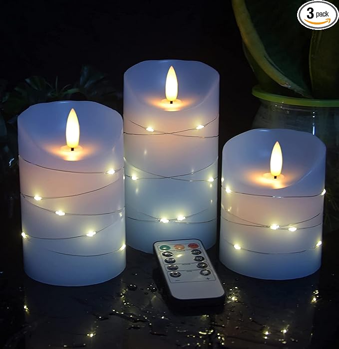 danip Sky Blue LED Flameless Candle, with Embedded Star String, 3-Piece Set of LED Candles, with 11 Button Remote Control, 24-Hour Timer Function, Dancing Flames, Real Wax, Battery Powered.