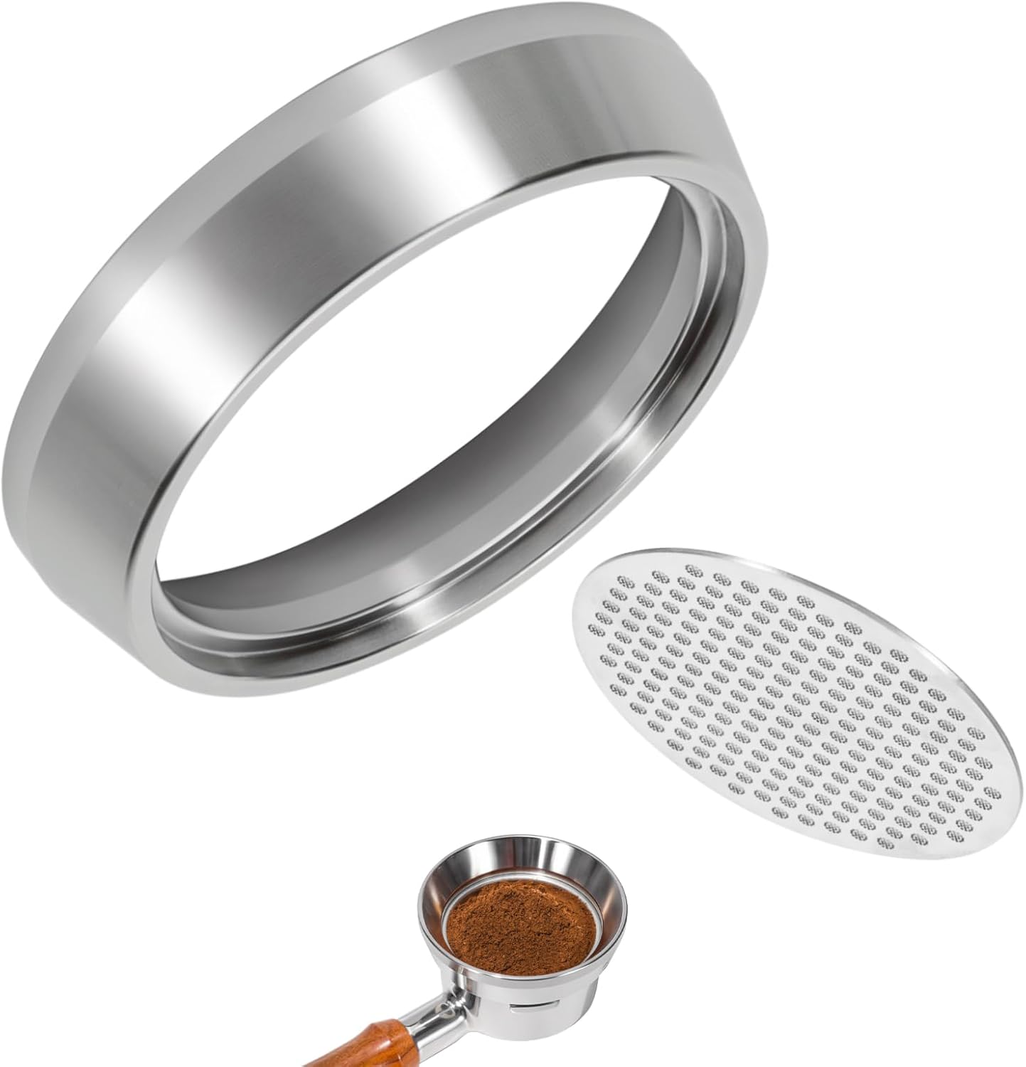 58mm Espresso Dosing Funnel & Puck Screen Kit, 304 Stainless Steel Portafilter Funnel with Filter Screen Set, Espresso Machine Accessories Compatible with 58mm Portafilter