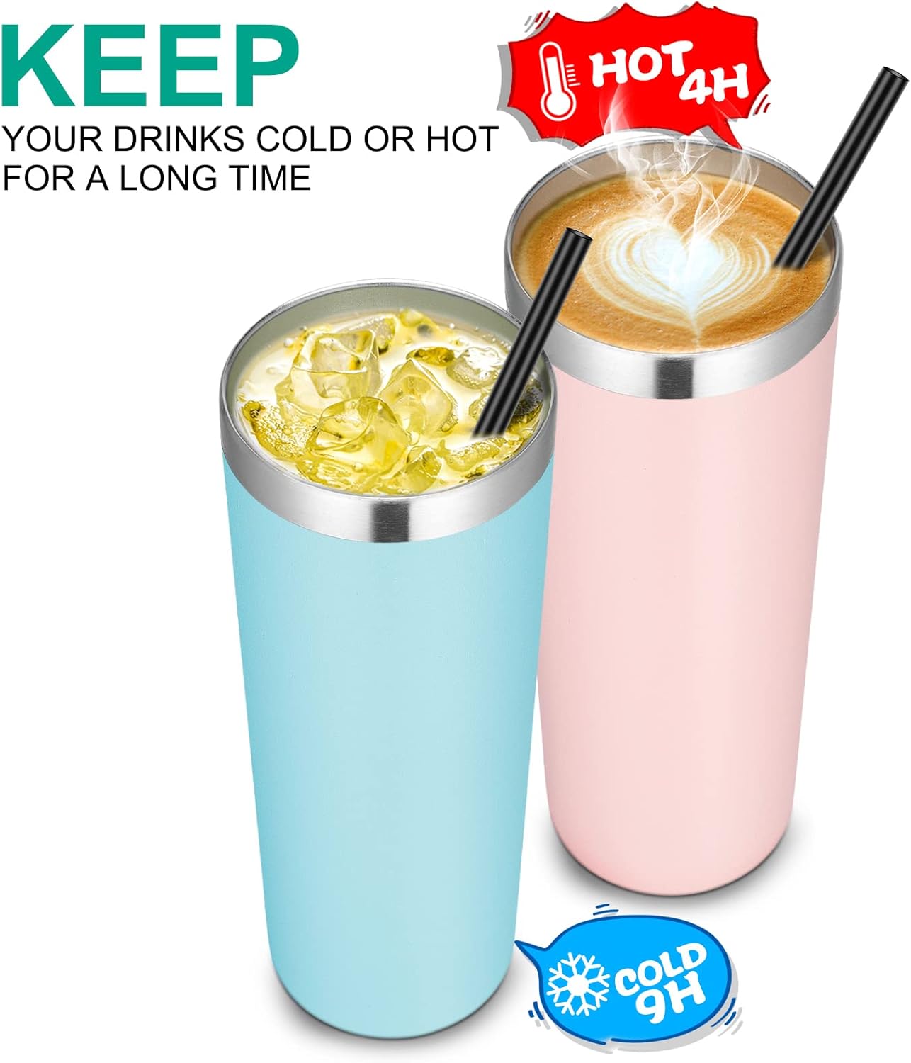 VEGOND Stainless Steel Skinny Tumbler, 20 oz Vacuum Insulated Tumbler with Lid and Straw, Double Wall Coffee Cup, Travel Mug for Cold Hot Drinks, Blue 1 Pack