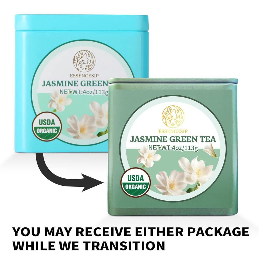 Essencesip Organic Jasmine Green Tea Loose Leaf, 4oz Tin – Scented 5x with 6,000 Fresh Jasmine Blossoms, Low Caffeine, Antioxidant-Rich
