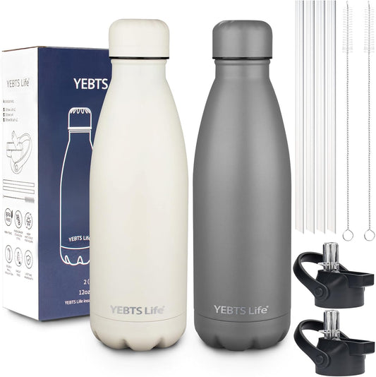 Insulated Water Bottle, 2 Pack-12oz Stainless Steel Water Bottles with straw lid, Metal Sports Water Bottles for Boys,Girls, Double Wall Vacuum BPA-Free Flask for Sports (Grey&Cream white)