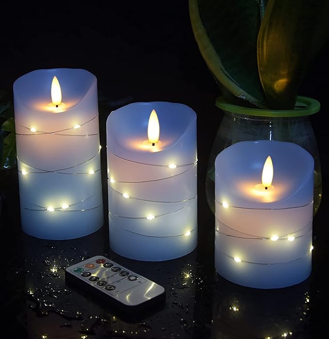 danip Sky Blue LED Flameless Candle, with Embedded Star String, 3-Piece Set of LED Candles, with 11 Button Remote Control, 24-Hour Timer Function, Dancing Flames, Real Wax, Battery Powered.