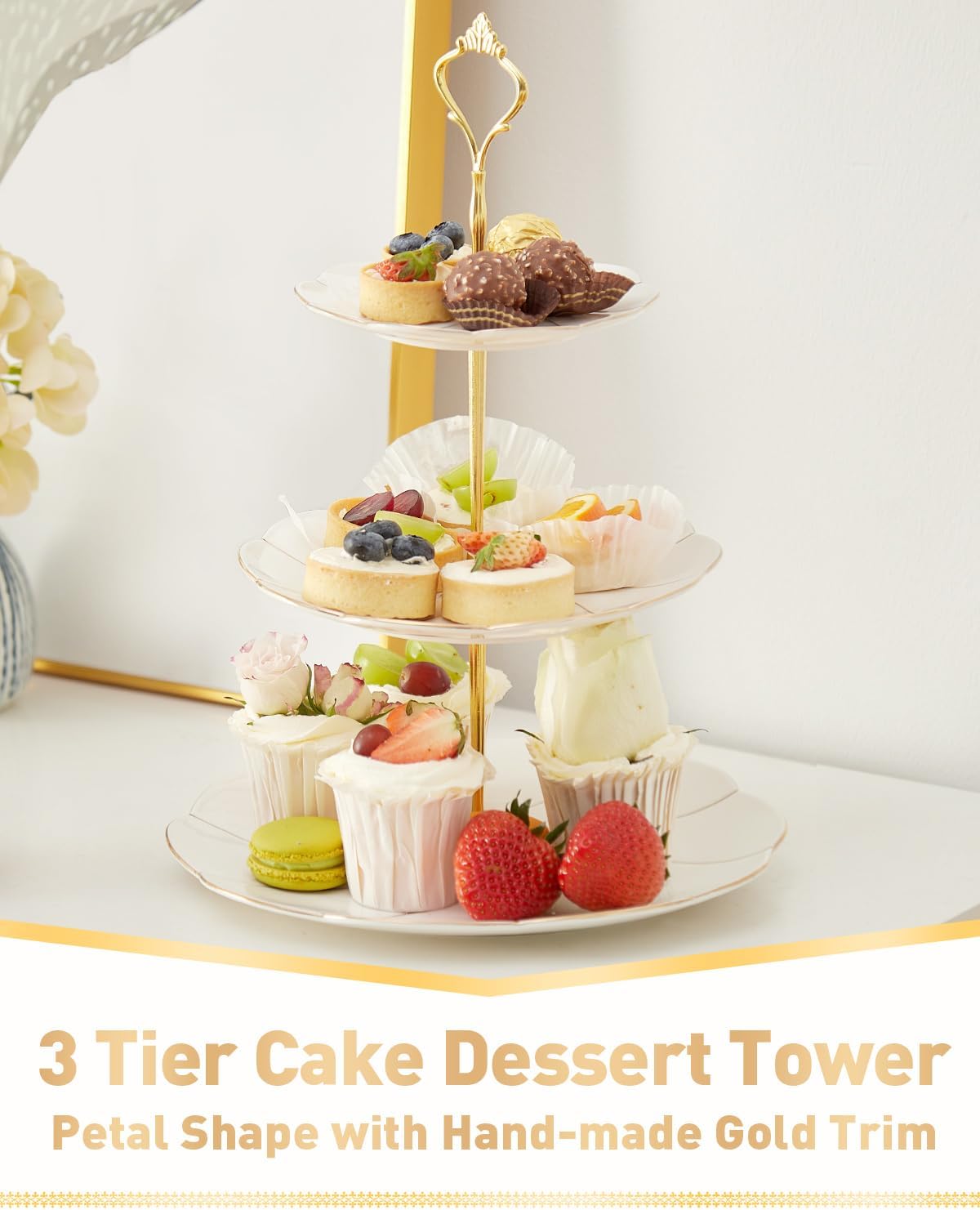 DUJUST Luxury Porcelain 3-Tier Cupcake Stand Tower, British Style Serving Tray with Golden Trim, Food Grade Dessert Display Stand, Beautiful Gift for Tea Party & Home Décor
