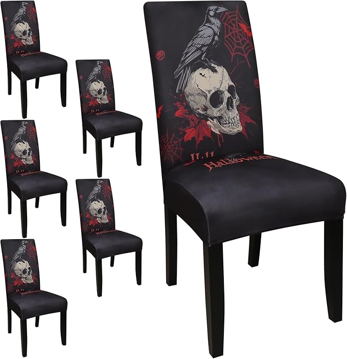 JQinHome Black Halloween Chair Slipcover,Skull Chair Covers Set of 6, High Stretch Washable Chair Protector Cover for Dining Room, Kitchen,Home Party,Wedding Ceremony(Skull Black,6PC)