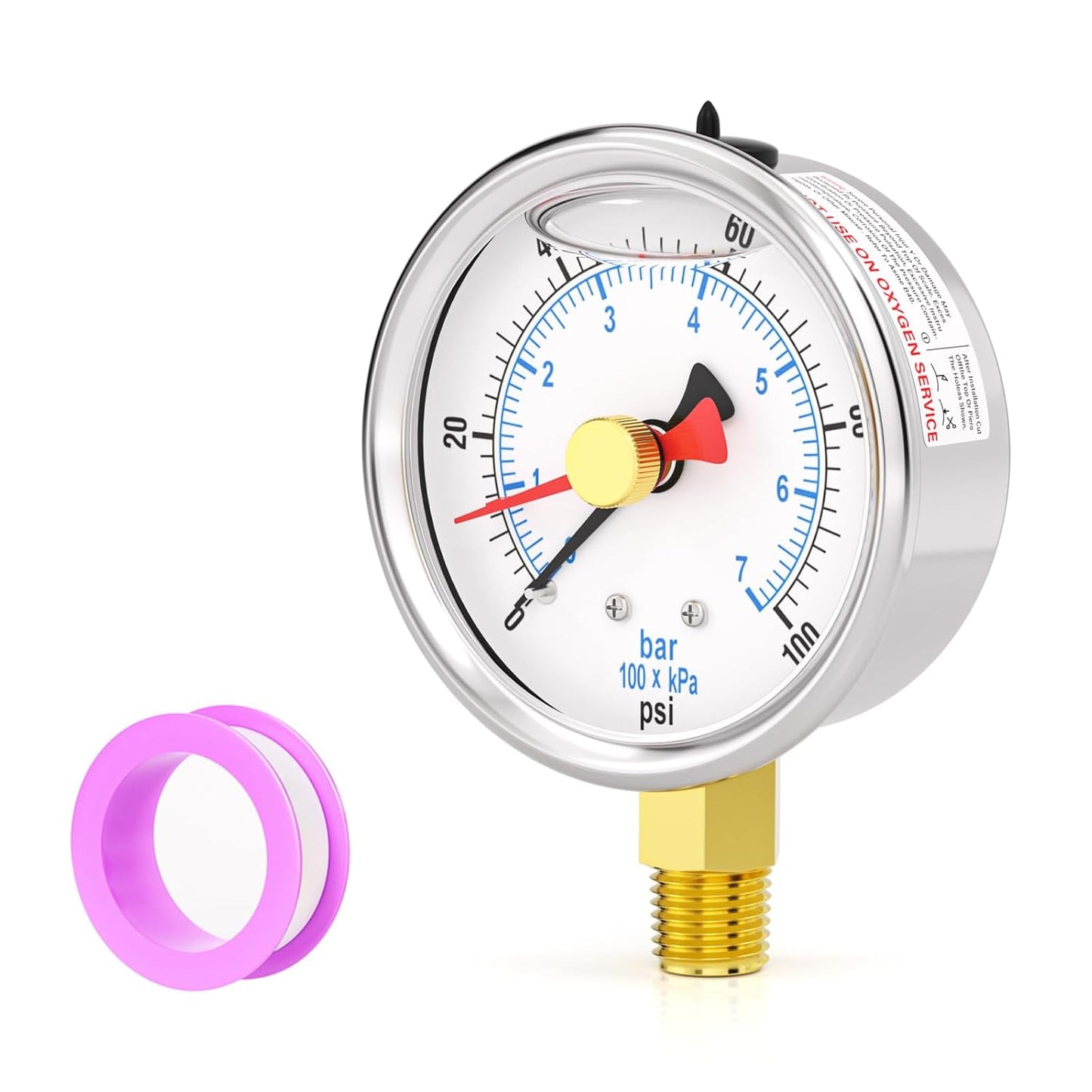 0-100PSI Stainless Steel with Reset Pointer Liquid Filled Pressure Gauge, 2.5" Dial Size, 1/4" NPT Lower Mount, for Tube, Water Pump, Gas, Liquid, Pressure Test