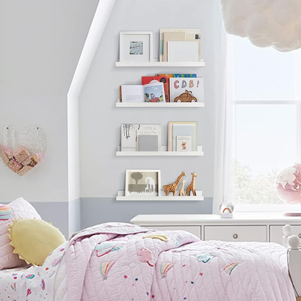 Forbena 24 Inch Floating Nursery Book Shelves for Wall, White Kids Wall Bookshelf for Bedroom, Picture Ledge Shelf with Lip for Baby Bathroom, Living Room Office Art Books (Solid Wood, Set of 4)