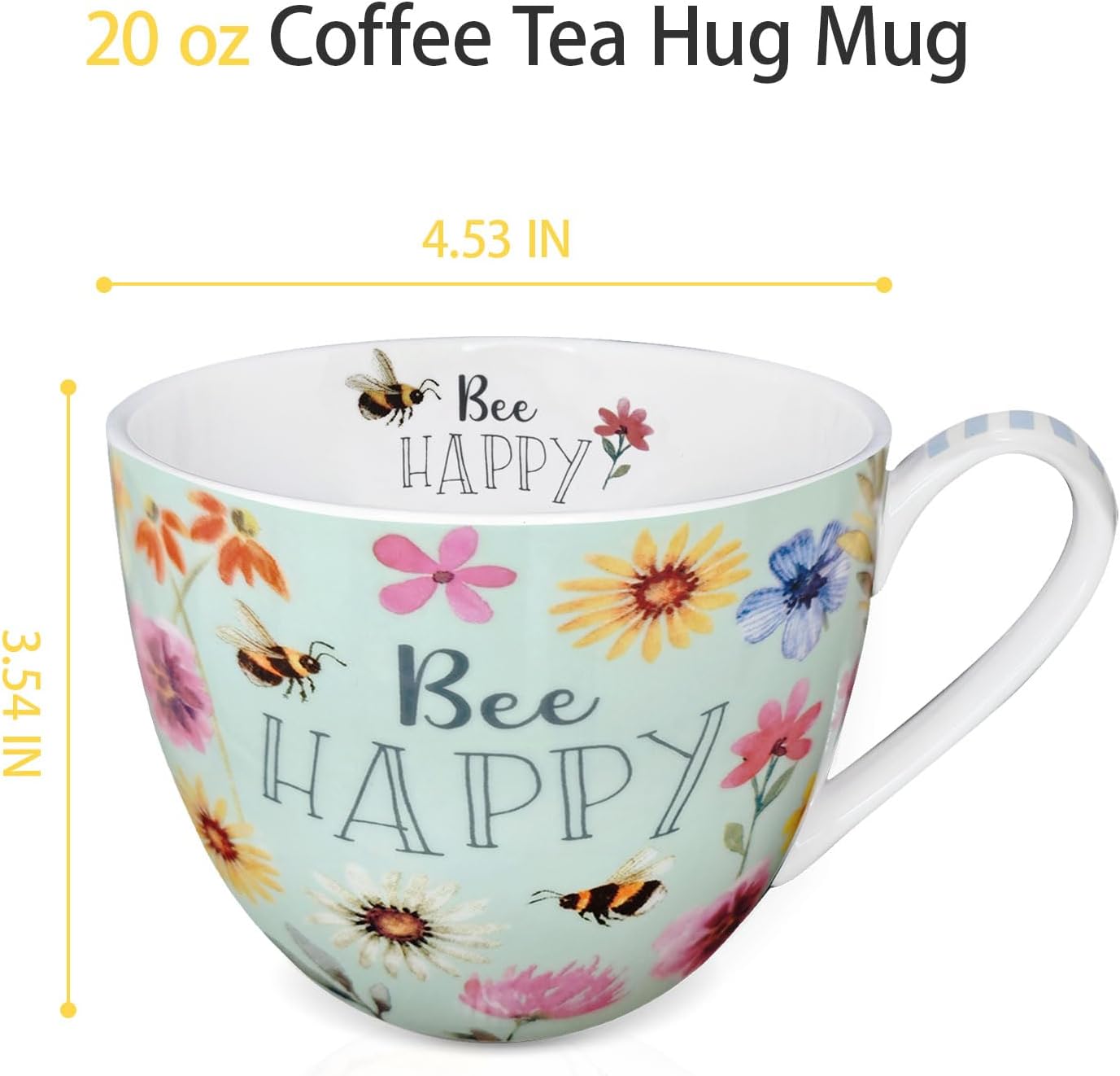20 oz Bees & Flowers Coffee Hug Mug,“Be Happy” Designed to Spread Joy, Premium Bone China, Perfect Holiday and Birthday Gift for Women, Designed in England by Harvest Green Studio