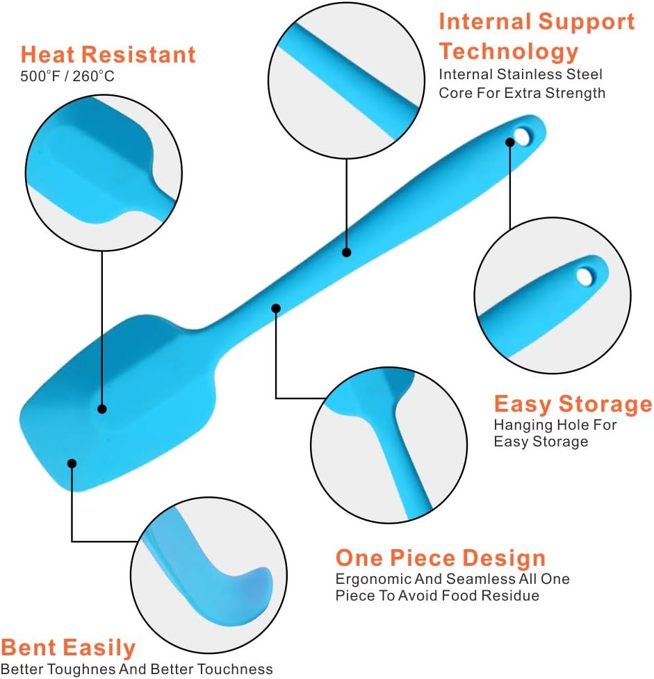 Silicone Spatulas Set, Rubber Spoon Spatula Heat Resistant Spoonula One Piece Design Seamless Spatula Non-Stick Scrapers Baking Mixing Tool (Blue Set)