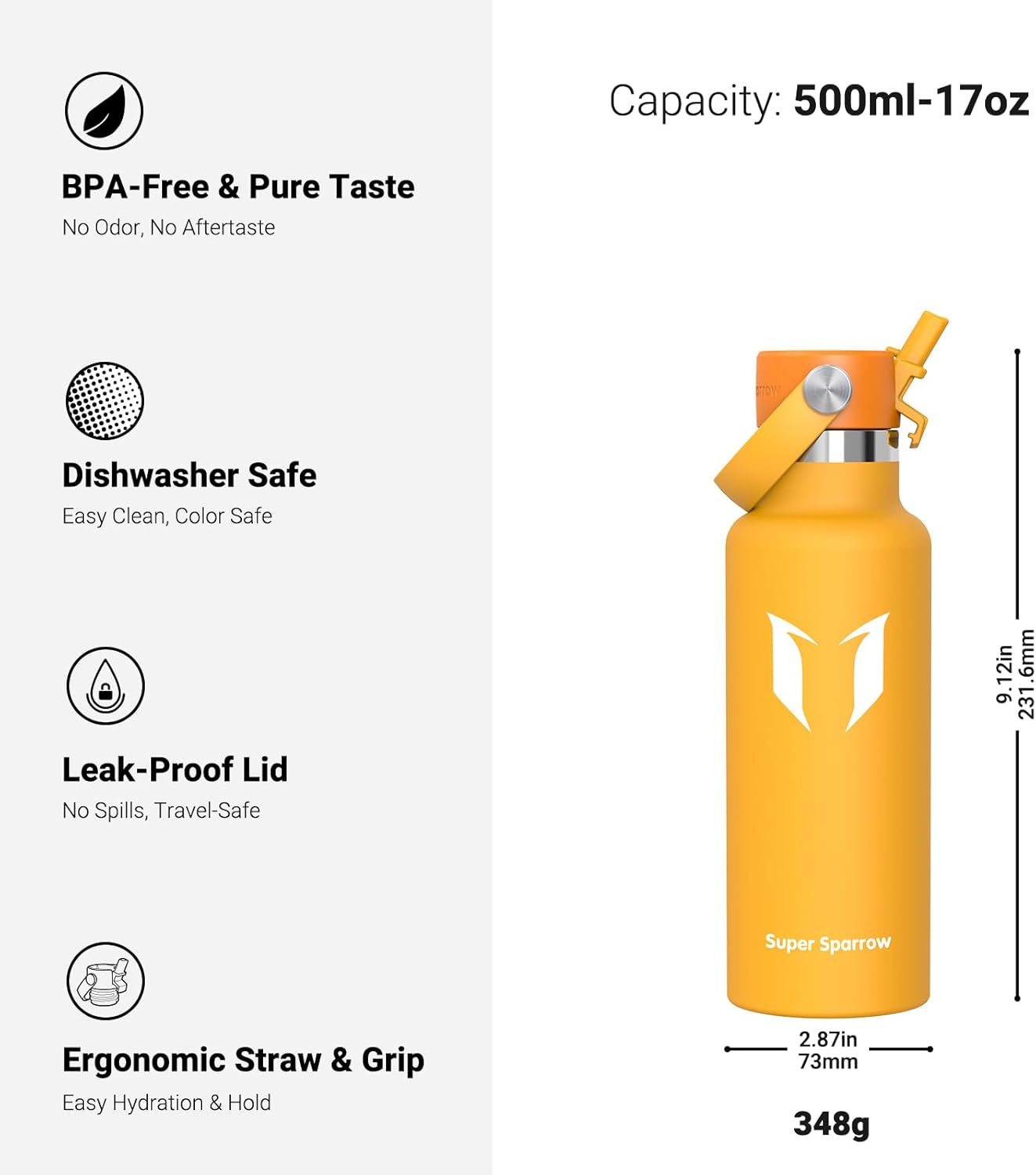 Super Sparrow Insulated Water Bottle - 17 Oz / 25 Oz / 32 Oz - Standard Mouth FlipFlow Flask - BPA Free, Leak Proof Drink Bottle- Ergonomic Straw Water Bottles for Work, Gym, Travel, Sports