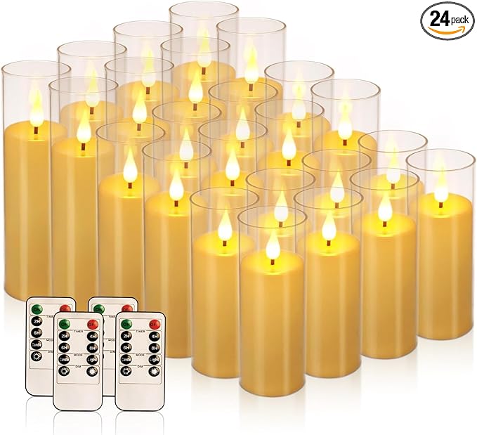 Set of 24 Flameless Led Battery Opeated (D2.2'' x H5''6''7'') Realistic Moving Wick Candles with 10-Key Remotes and Cycling 24 Hours Timer
