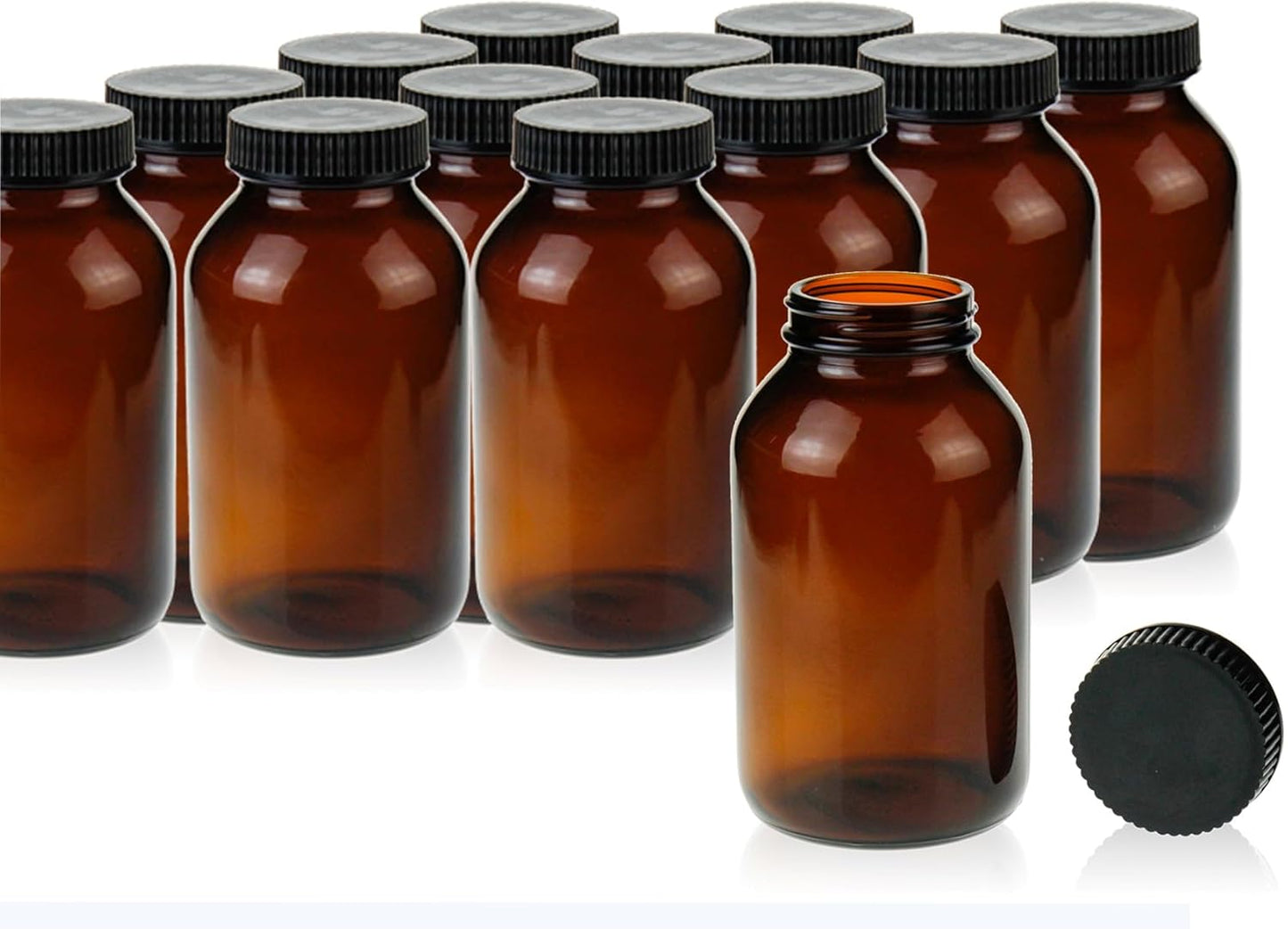 Wide Mouth Packer Bottle, Amber Glass, 500 ML (16 OZ) Capacity with 53-400 Black Polyethylene Screw Cap Lined PE Septa, Package of 12 Units