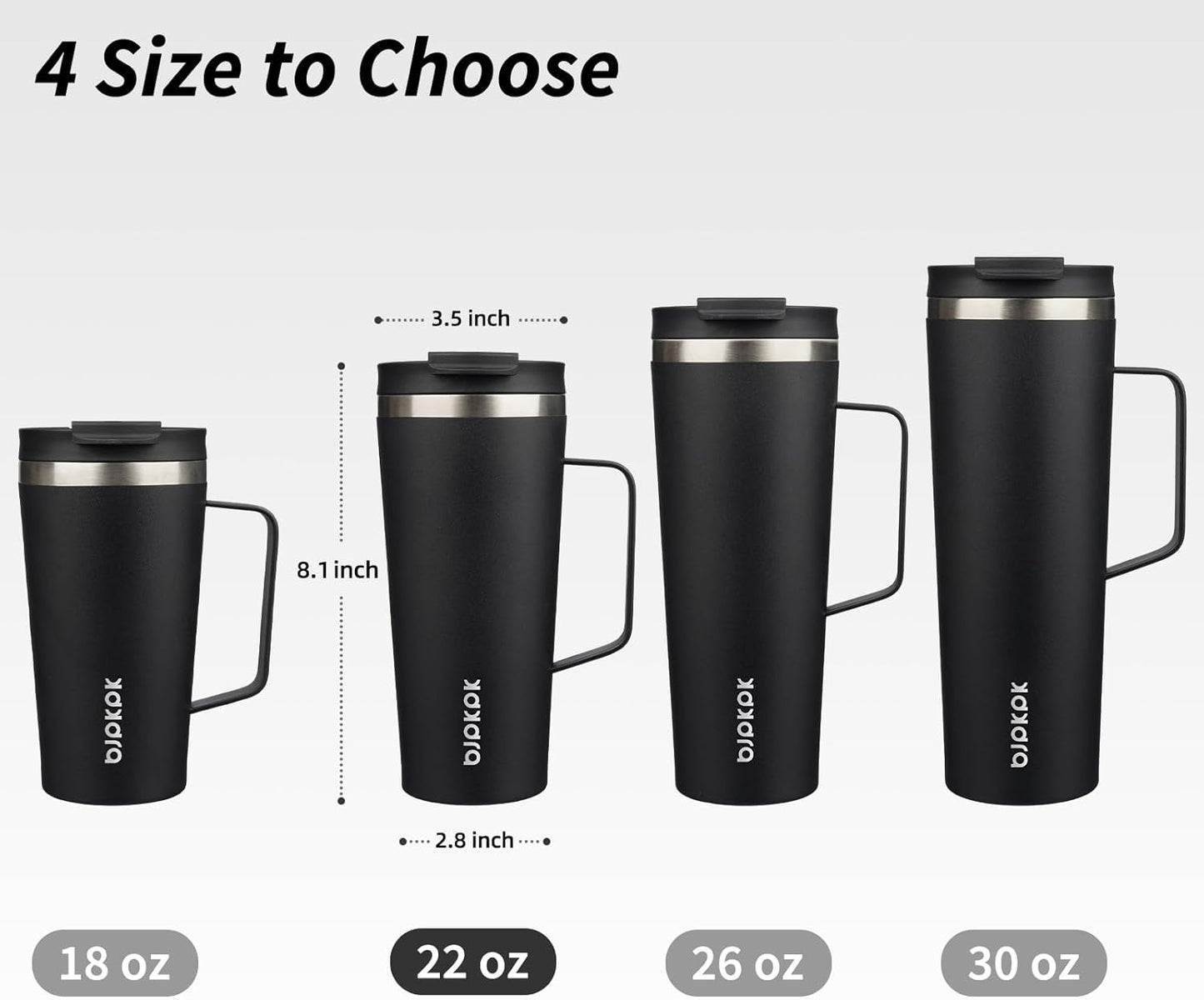 BJPKPK Insulated Tumbler with Handle, 22oz Insulated Tumblers with Lid and Straw, Stainless Steel Metal Water Bottles, Coffee Travel Mugs, Cups, Black