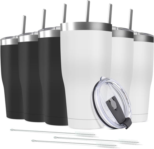 6 Pack 30oz Stainless Steel Tumblers Bulk Reusable Travel Mugs with Lid, Double Wall Powder Coated Coffe Cup for Home, Office, Outdoor Suitable for Vehicle Cup Holders