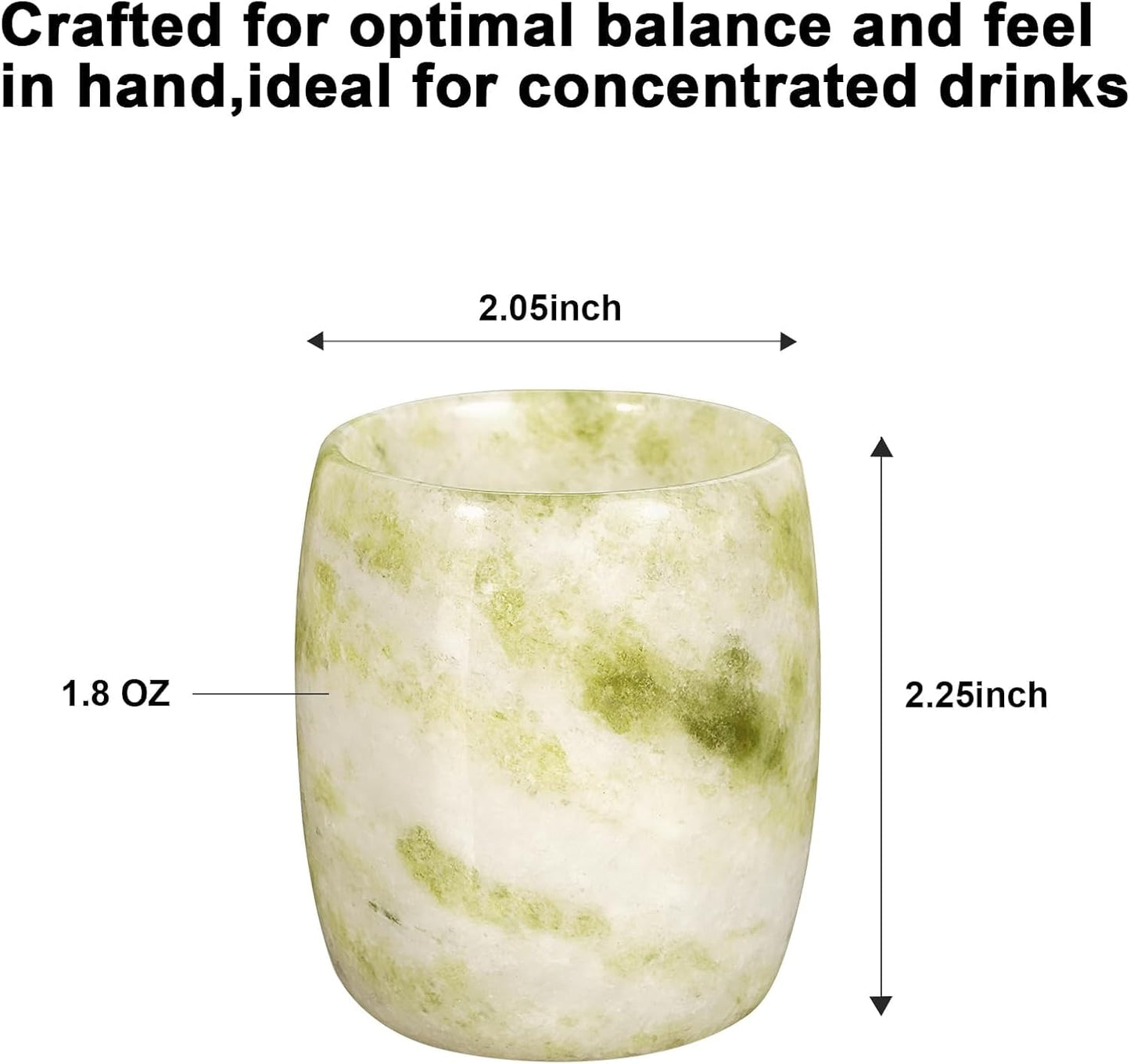 Handcrafted Natural Jade Shot Glasses – Set of 2 | 1.8 oz Whiskey, Espresso & Tequila Cups in Unique Drum Shape, Oriental Inspired Luxury Gift for Men & Whiskey Lovers