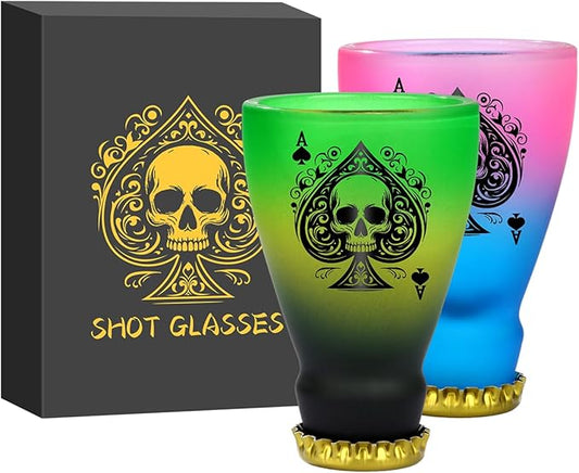 Spades Skull Pattern Glass Shot Glasses, Unique Wine Bottle Shot Glass, 43ml Shot Cups Set of 2 with Gift Box for Alcohol Shots, Vodka, Expresso, Tequila & Dessertsor, Gothic Christmas Gift