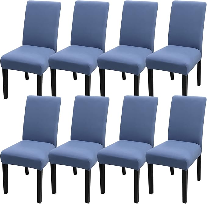 JQinHome Dining Room Chair Covers Set of 8, High Stretch Chair Slipcover Removable Washable Chair Seat Protector Cover for Home Party Hotel Wedding Ceremony (Gray Blue)