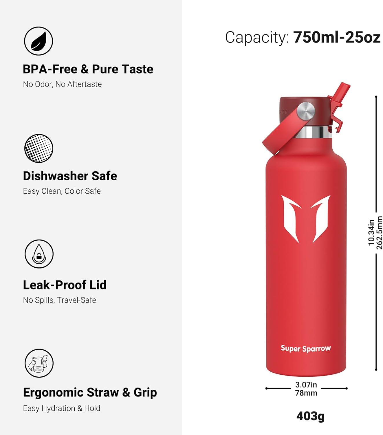 Super Sparrow Insulated Water Bottle - 17 Oz / 25 Oz / 32 Oz - Standard Mouth FlipFlow Flask - BPA Free, Leak Proof Drink Bottle- Ergonomic Straw Water Bottles for Work, Gym, Travel, Sports