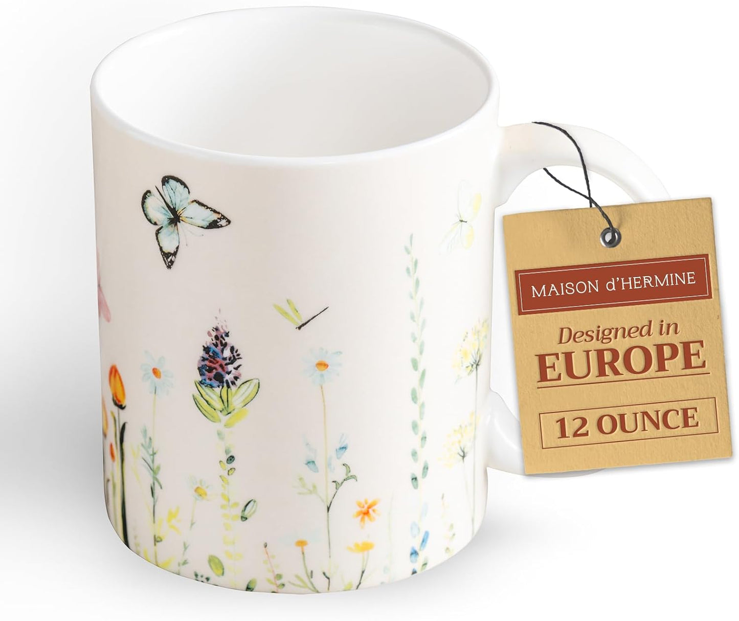 Maison d' Hermine Coffee Mug with Handles Fine Bone China Mugs Pack of One Tea Cups for Hot Beverages Cappuccino Latte Home Restaurant Office Perfect for Gift (Botanical Fresh - Meadow, 12 Ounce)