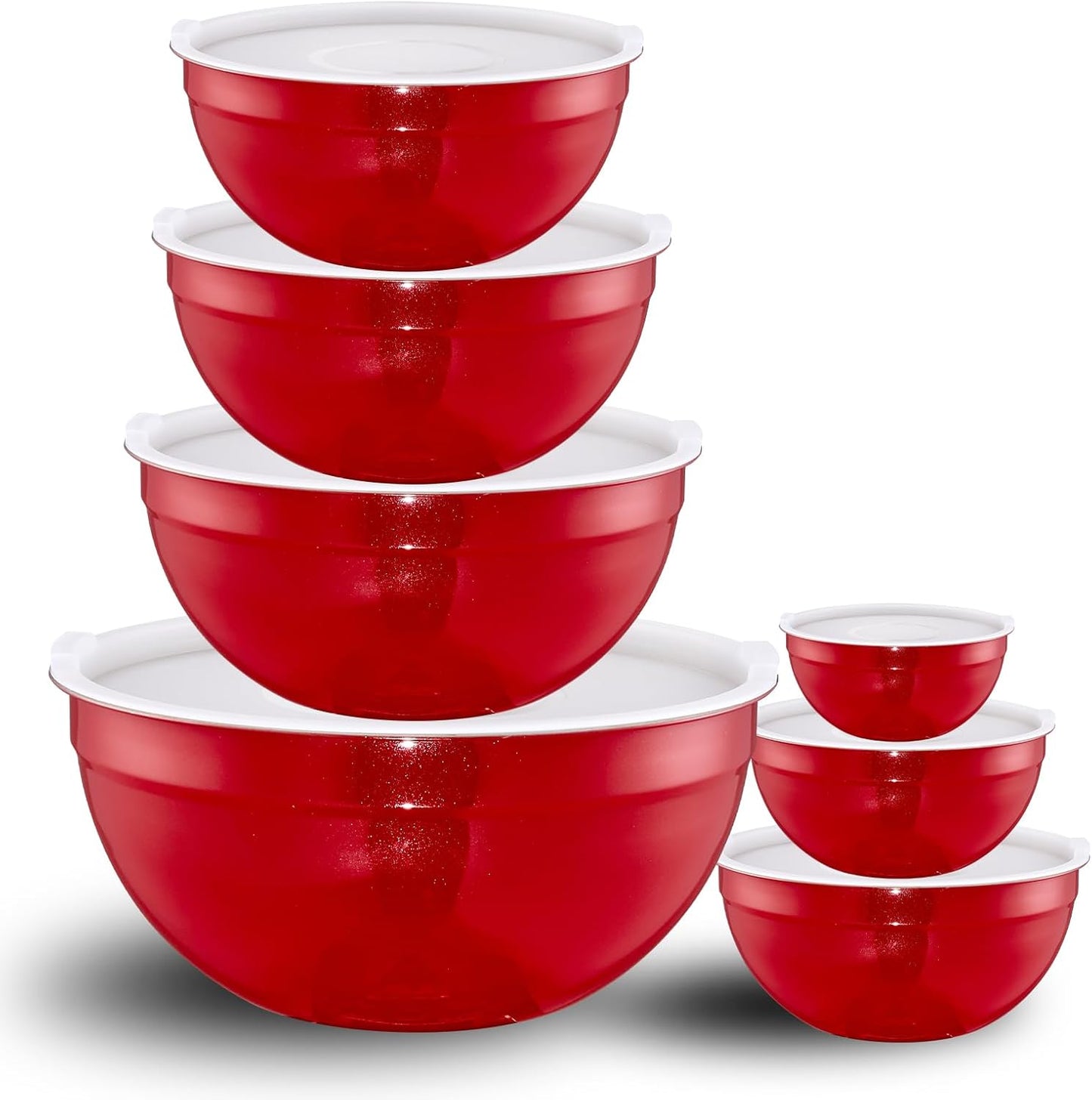 Red Mixing Bowls with Lids Set of 7, Stainless Steel Nesting Bowl with Khaki Lid for Non-slip Mixing Prepping Storing Serving, 7 Sizes-7/3.6/2.7/2.1/1.5/1/0.8 QT