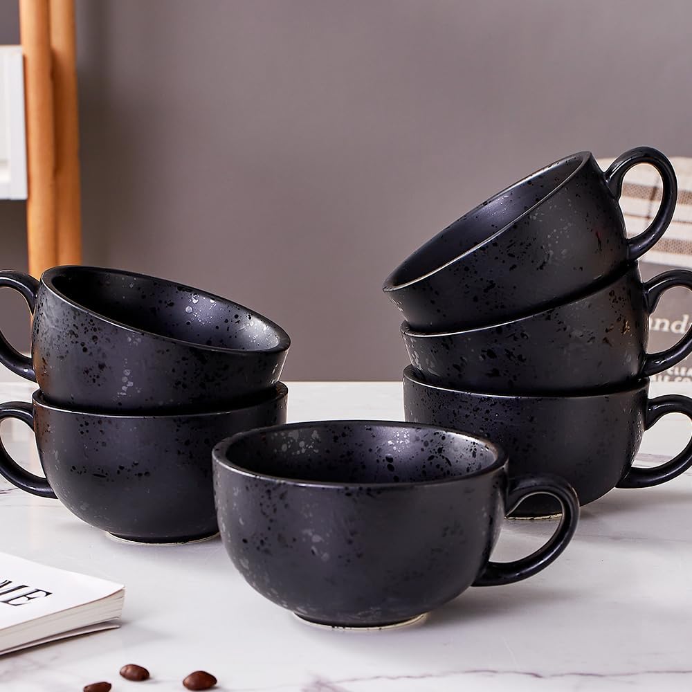 Set of 6 Vintage Design 12 oz Professional Barista Ceramic Latte Art Cappuccino Cups Set (Facular Black * 6)