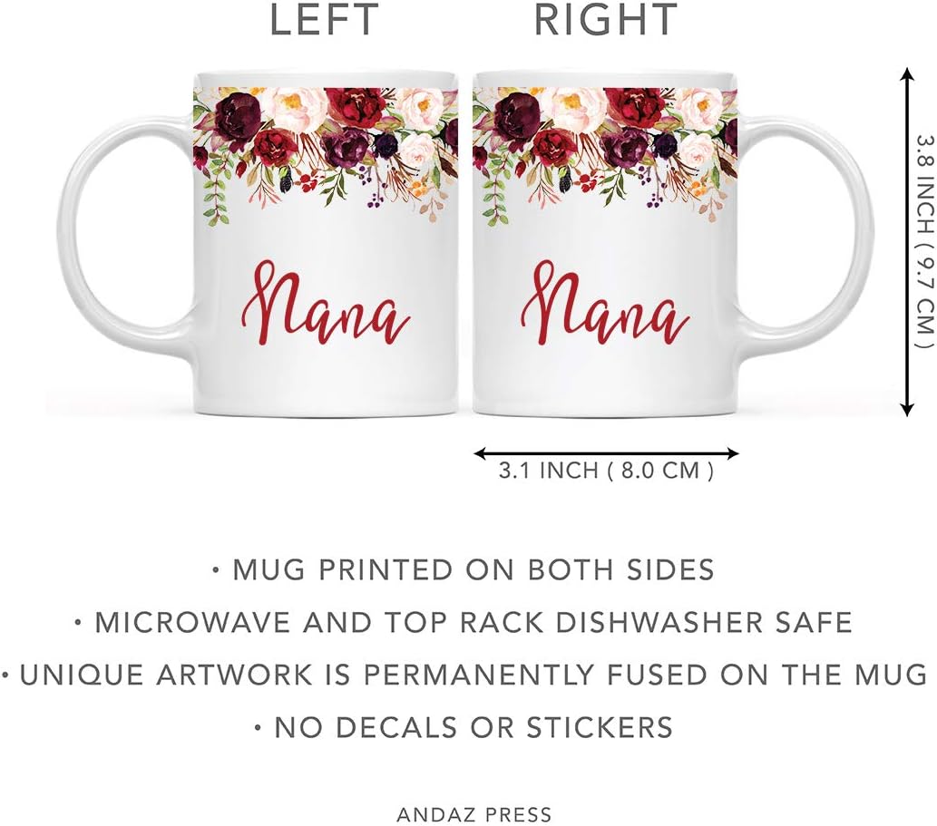 Andaz Press 11oz. Mother's Day Ceramic Coffee Tea Mug Gift, Fall Autumn Marsala Burgundy Flowers Roses Florals, Nana, 1-Pack, Includes Gift Box, Birthday Christmas Gift Ideas