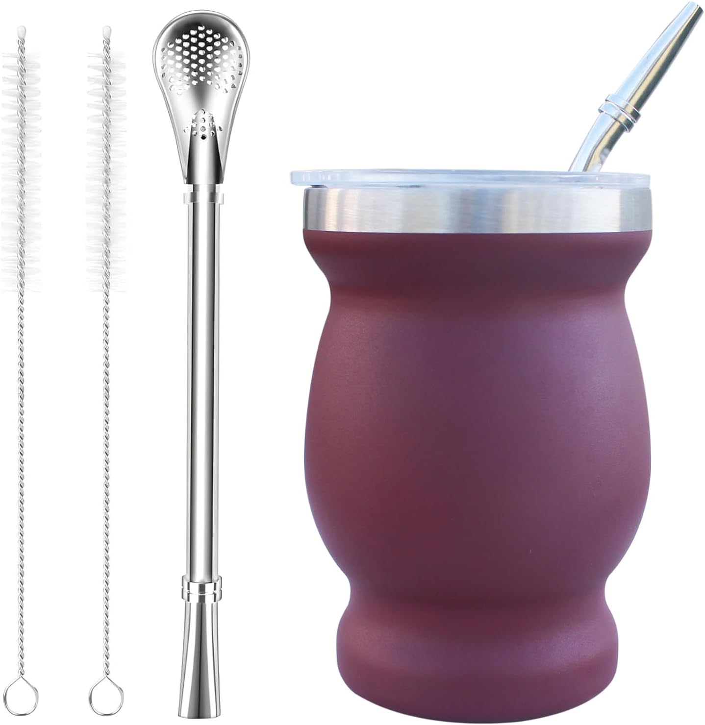 Beruth Bombilla Yerba Mate Gourd, 8oz Stainless Steel Tea Cup Set with a Multifunctional Lid, Two Straws and Cleaning Brushes, Double Walled Coffee Mug Heat Insulation Anti Scalding (Burgundy)