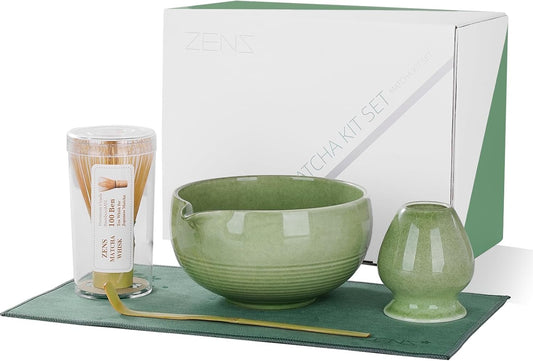 ZENS Matcha Whisk Set, 15oz Ceramic Matcha Bowl with Spout and Bamboo Whisk, (Chasen Holder) Scoop & Tea Towel, 5pcs Matcha Kit for Matcha Lovers, Emerald Green