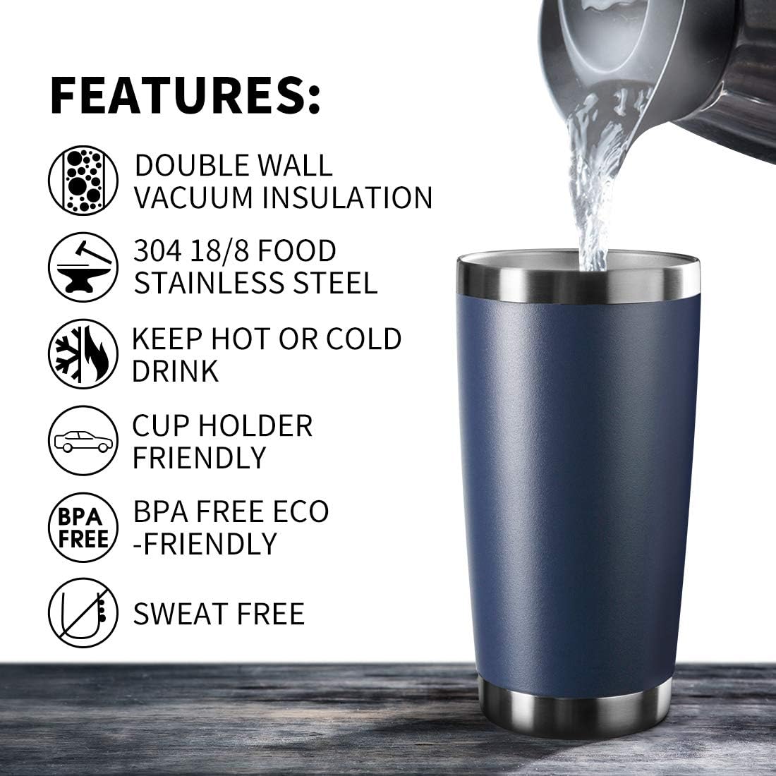 20oz Tumbler Bulk Stainless Steel Vacuum Insulated Tumblers with Lid Double Wall Travel Mug, Durable Powder Coated Coffee Cup, Suitable for Ice Drinks and Hot Beverage (Navy 1pack)