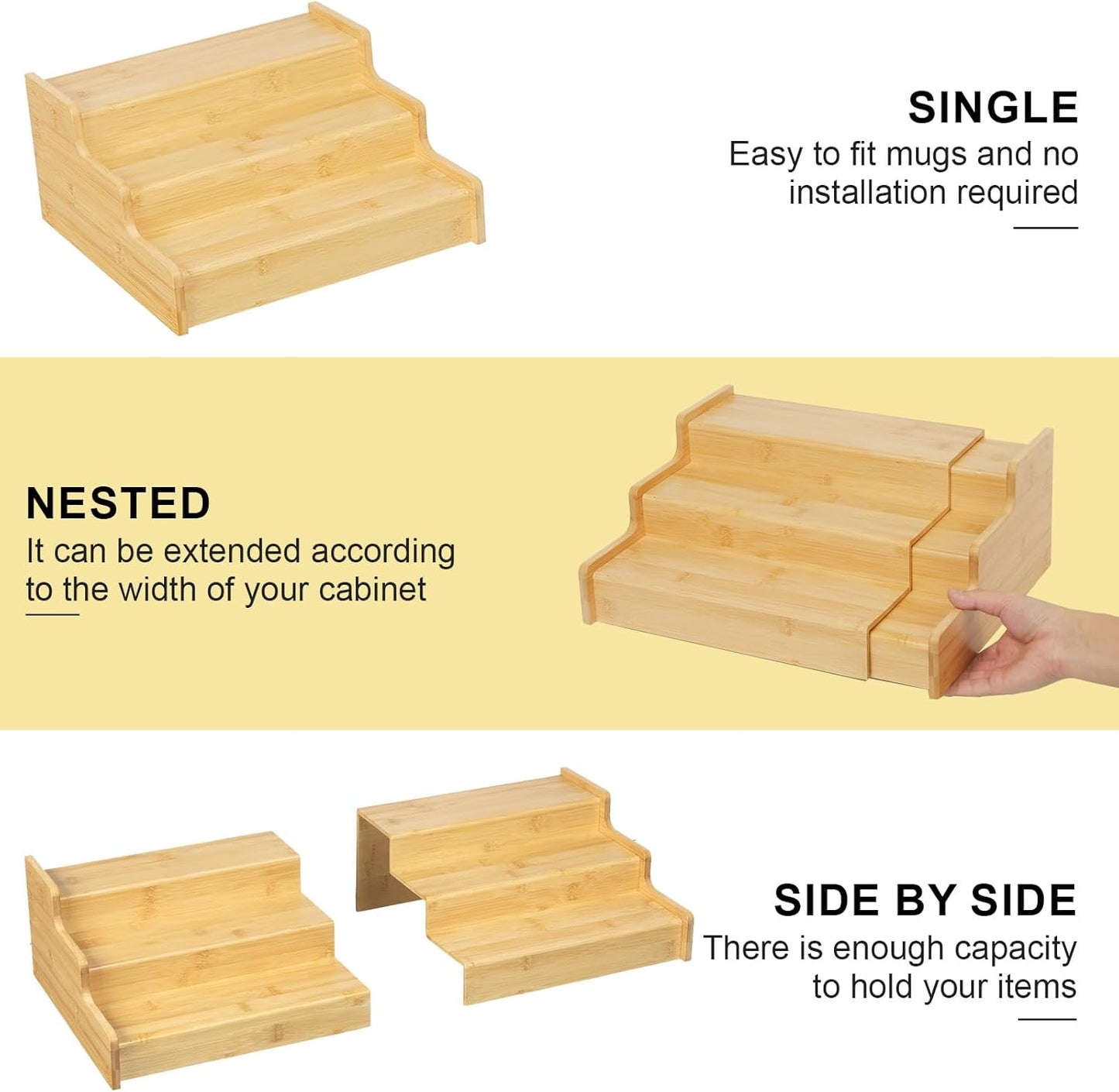 3-Tier Expandable Bamboo Mug Holder For Countertop Coffee Cup Holder Display Mug Organizer Mug Rack for Coffee Bar Organizer Mug Shelf for Cabinet for Kitchen, Home