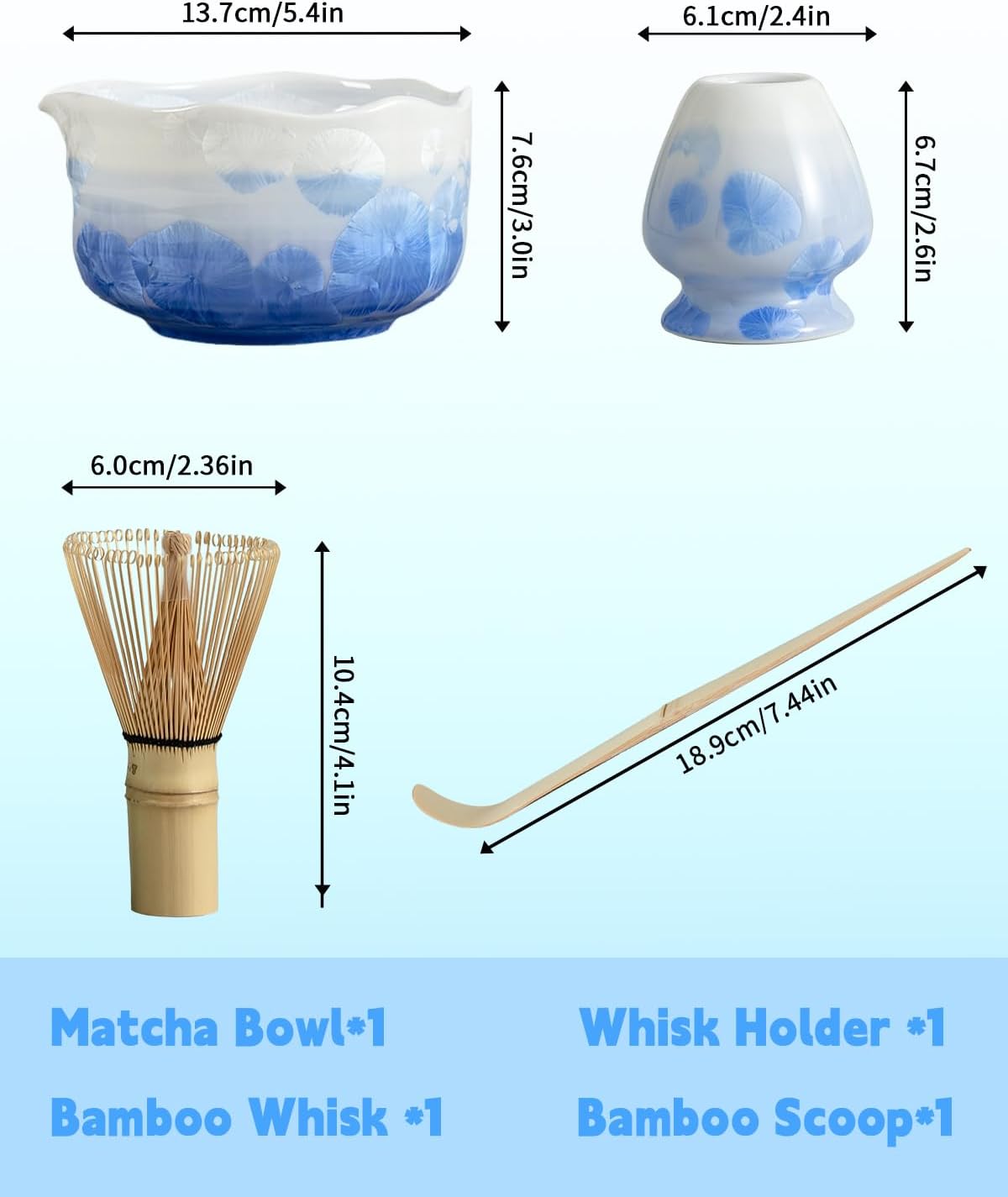 Natural Crystal Flower Matcha Set - 4 Pcs Food Grade Matcha Kit with Spouted Bowl, Matcha Whisk, Scoop and Chasen Holder - Matcha Tea Ceremony Gift for Matcha Lovers (Mist Azure)