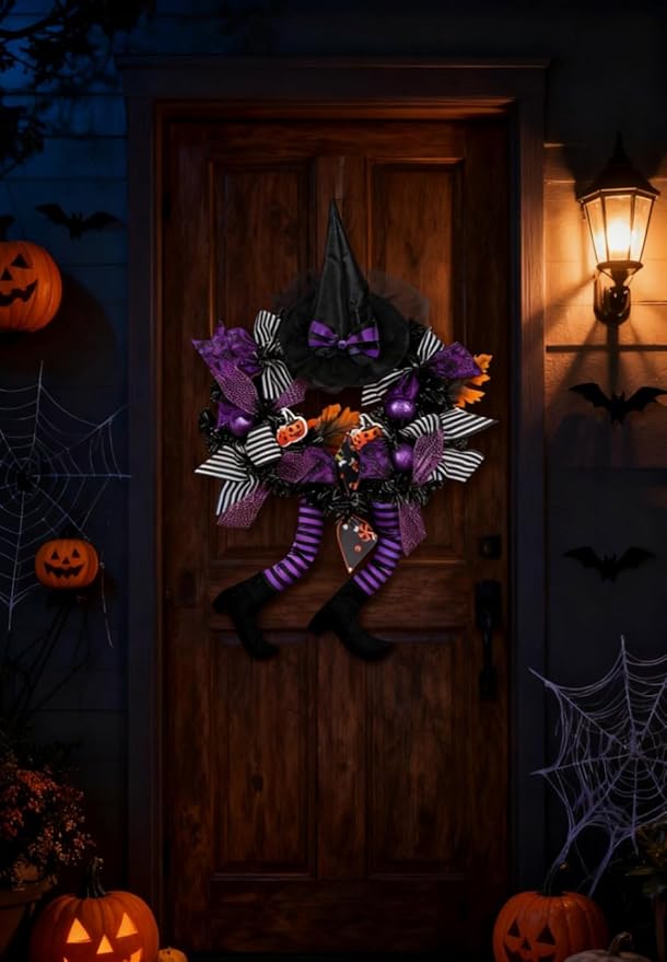 Happy Halloween Wreath for Front Door Decoration with Skeleton Artificial Bone Orange Ornaments Maple Leaf for Party Decor (Halloween Purple)
