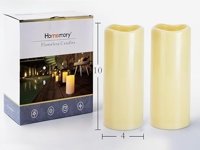 Homemory 4" x 10" Large Waterproof Outdoor Flameless Candles, Battery Operated LED Pillar Candles with Remote and Timers for Indoor Outdoor Lanterns, Long Lasting, Dark Ivory, Set of 4