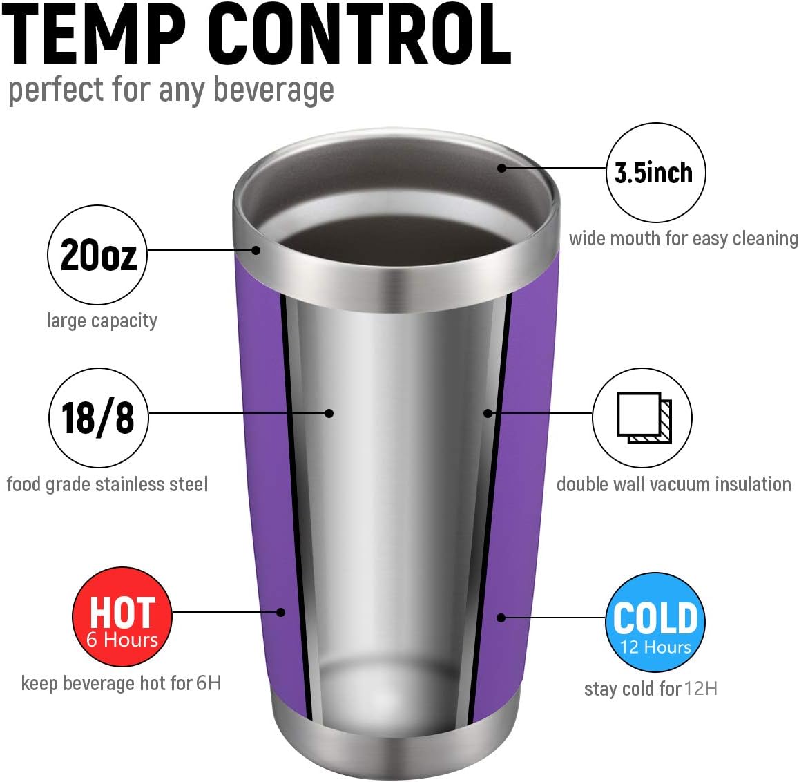 COMOOO 20oz Double Wall Vacuum Insulated Travel Mug, Stainless Steel Tumbler with Lid and Straw Durable Powder Coated Insulated Coffee Cup for Cold & Hot Drinks (Purple, 4 Pack)