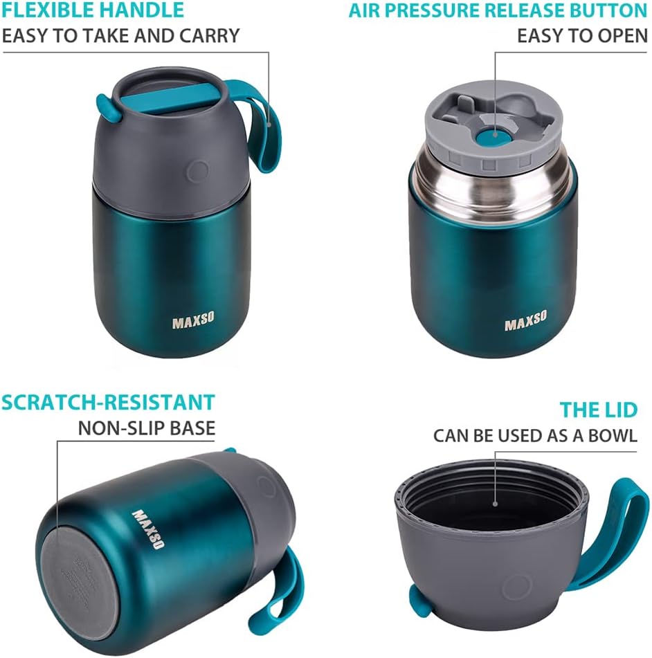 Insulated Thermo Food Jar for Hot & Cold Food for Kids Adult, 17 oz Soup Thermal Hot Food Containers for Lunch, Triple Layer Insulation Stainless Steel Food Jar with Spoon (Green)