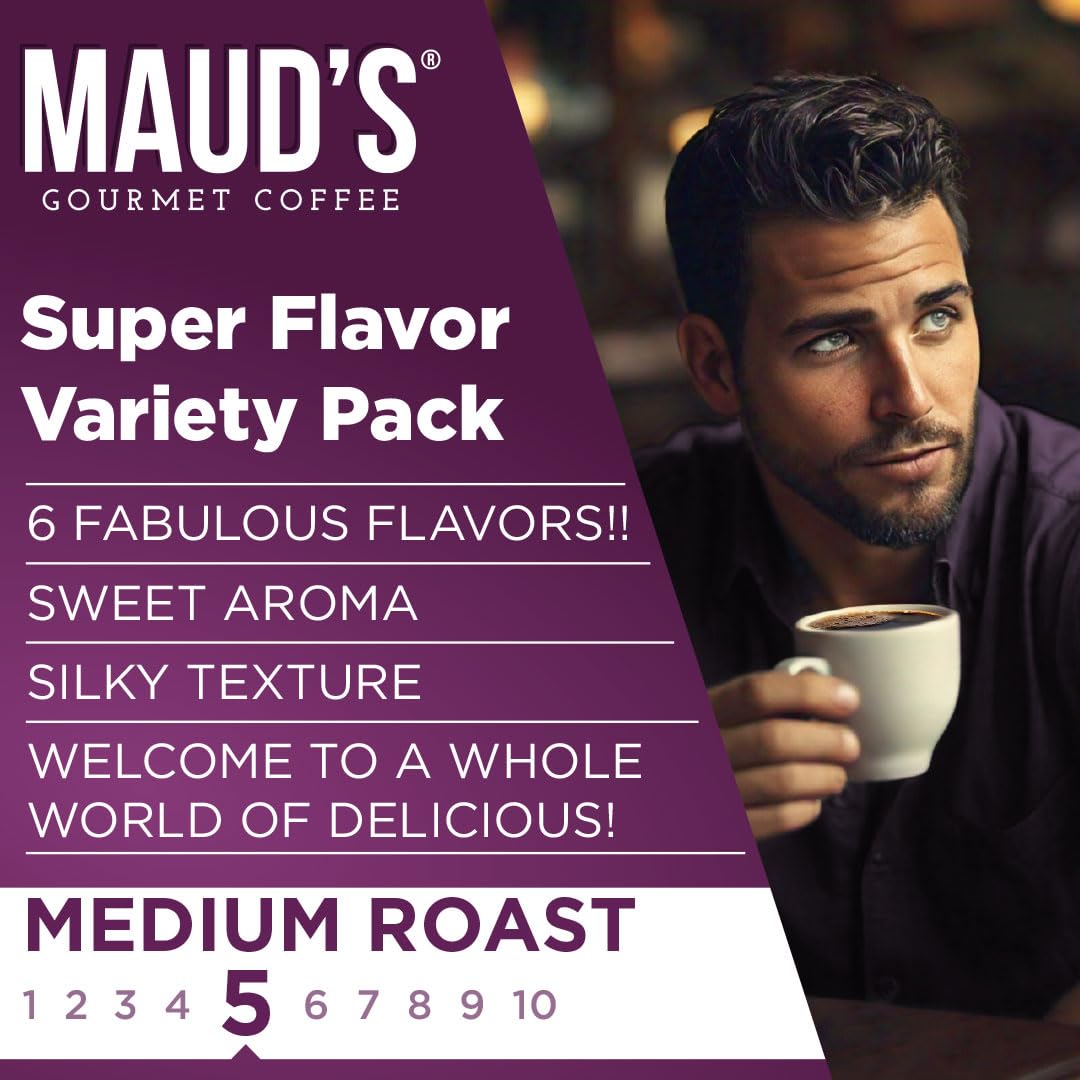 Maud's Sampler Variety Pack Coffee Pods, 24 ct, 6 Assorted Flavors, Medium Roast Flavored Coffee in Recyclable Single Serve Pods – 100% Arabica Beans, Compatible with Keurig K Cups Maker