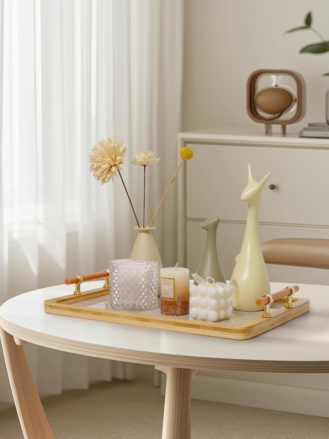 JUPELI 16" x 12" Bamboo Serving Tray with Handles – Marble Pattern Decorative Rectangle Tray for Coffee Table, Kitchen, Vanity, Bathroom, or Ottoman – Perfect for Bread Food Fruit Display & Storage