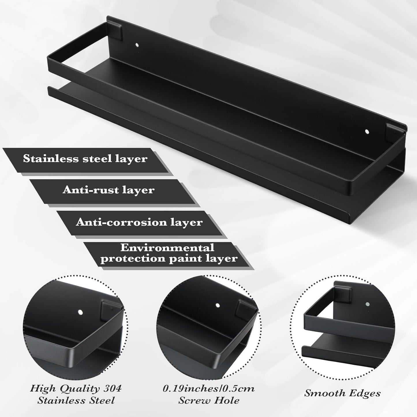 Lallisa 2 Pieces Stainless Steel Shelf Bathroom Shower Floating Shelves Wall Mounted Shower Caddy Basket Shelf Storage Organizer Shelves for Bathroom, Kitchen, Living Room (Black,15.75 Inch/ 40 cm)